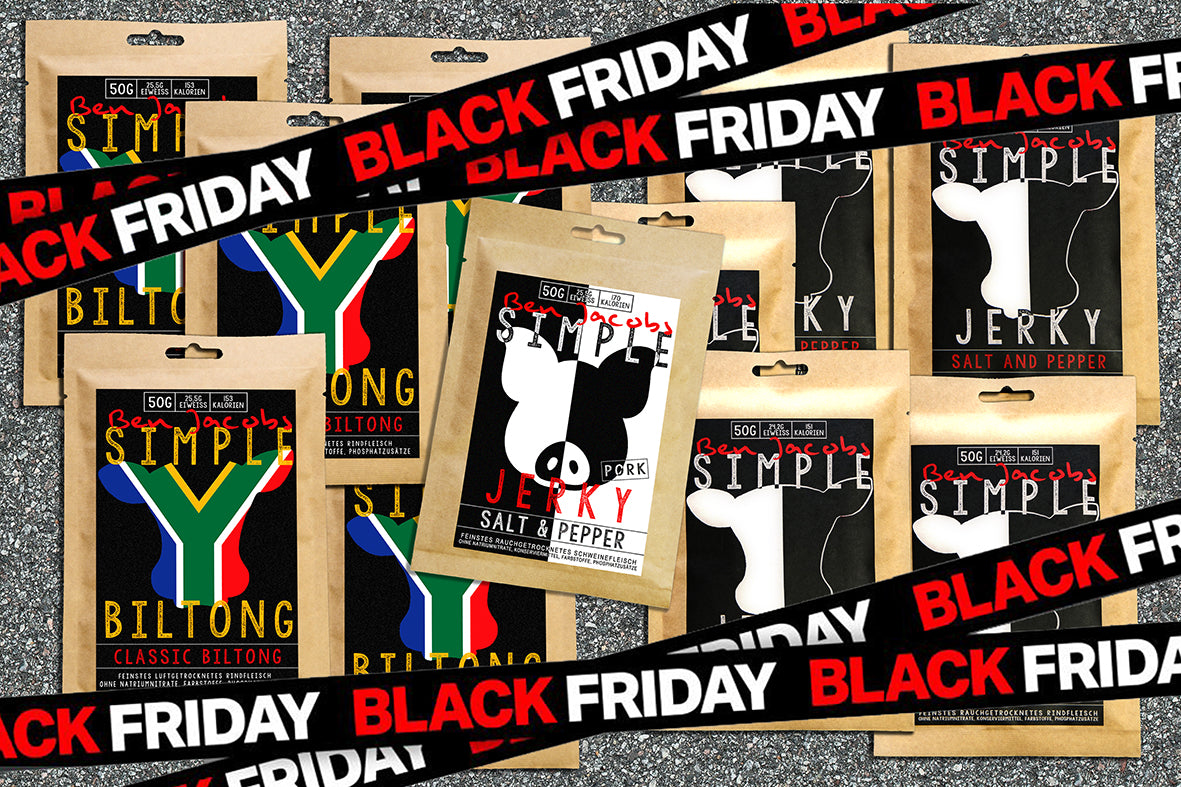 5 x 50g Beef Jerky + 5 x 50g Biltong + 1 gratis pose Pork Jerky