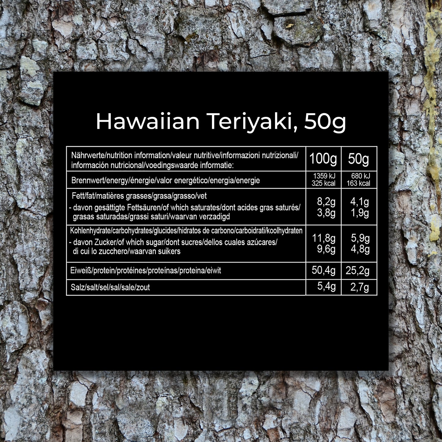 Nährwertangaben für Simple Jerky Hawaiian Teriyaki, 50g – Kalorien, Fett, Kohlenhydrate, Eiweiß und Salzgehalt auf einen Blick.